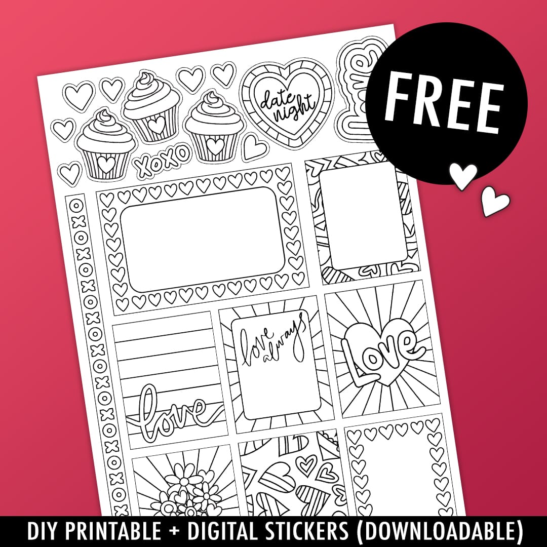Free set of Valentine's Day-inspired printable coloring planner stickers.