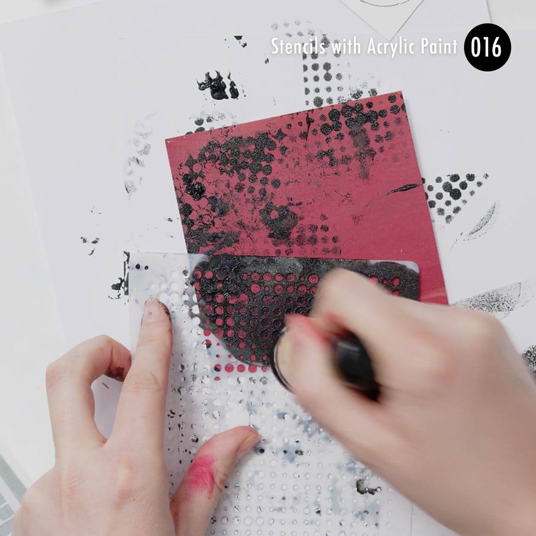 Use stencils with Acrylic paint to make patterns in your mixed media art.