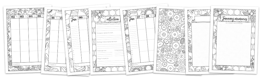 Coloring pages and orginizational pages featured in the 2024 planner