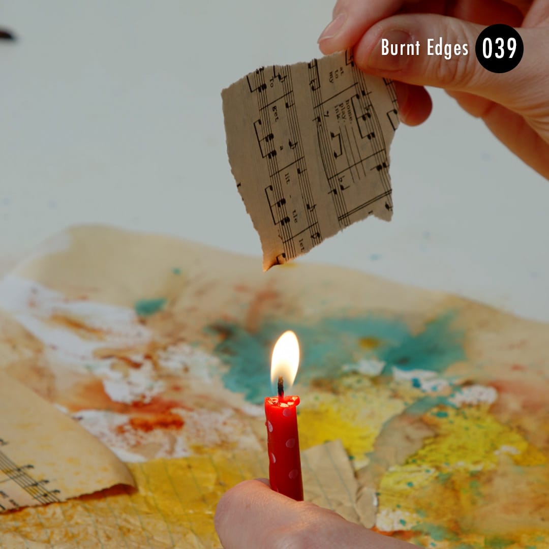 Burning paper creates a burnt, vintage paper to your mixed media artwork