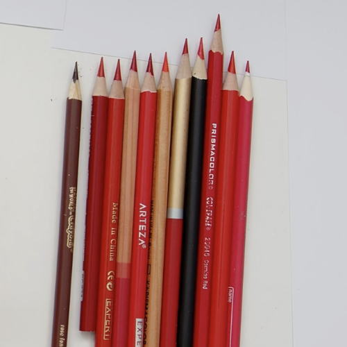 All the sharp points of the coloured pencils including Arteza, Crayola, Faber-Castell, Artists.